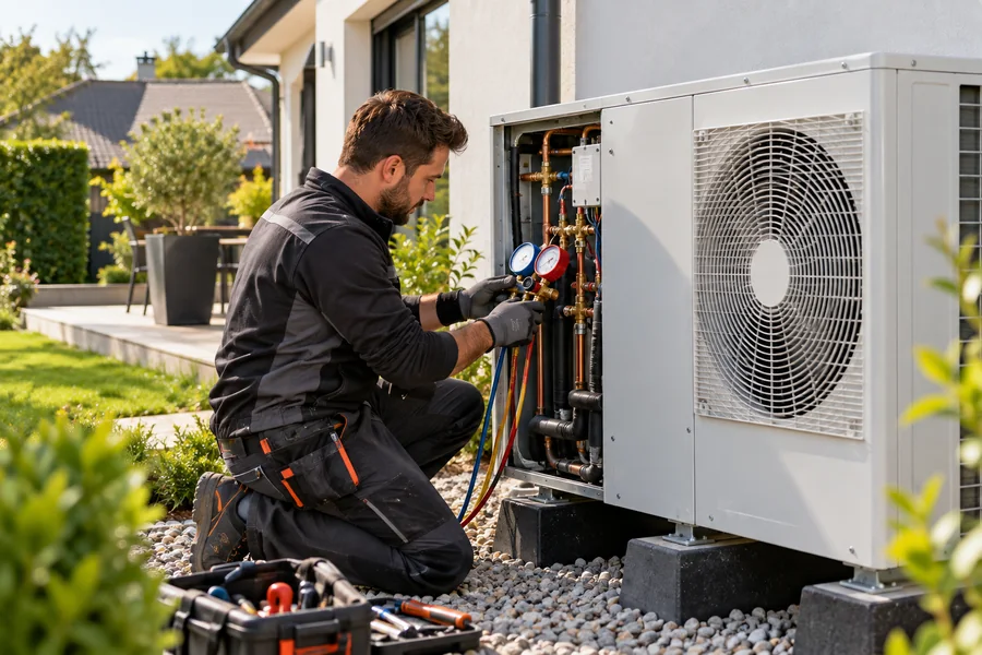 Illustration d’un technicien intervenant sur une pompe à chaleur